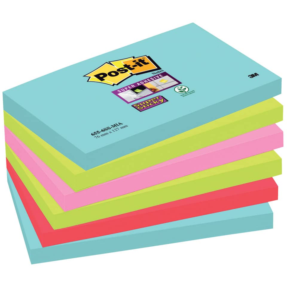 Foglietti riposizionabili Post-it® Super Sticky Miami 76x127mm assortiti conf. 6 blocch. da 90 ff - 655-6SS-MIA