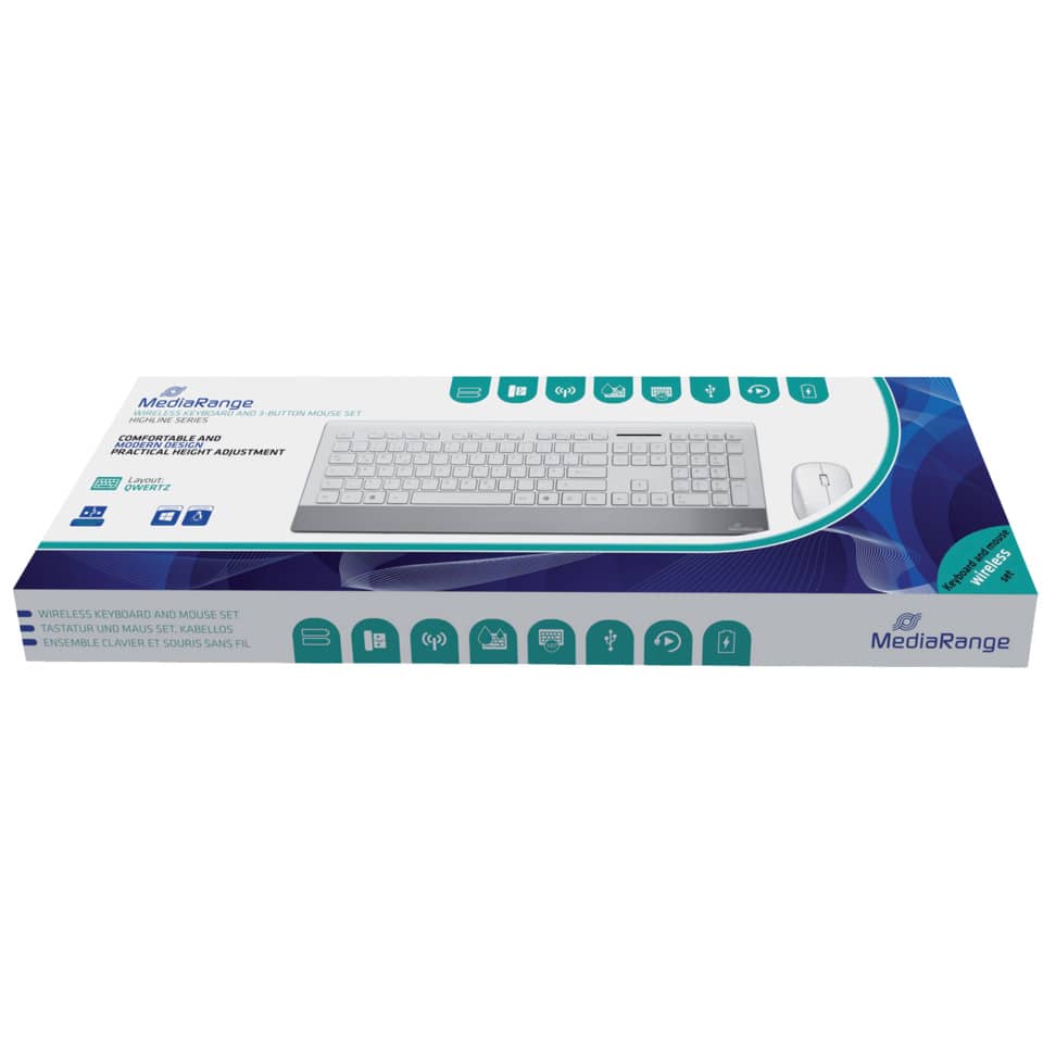 Set tastiera e mouse wireless Media Range serie highline QWERTZ, bianco/argento - MROS106