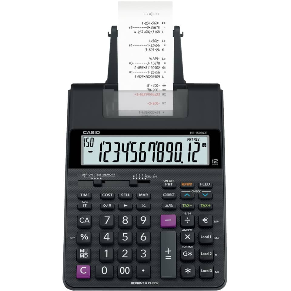 Calcolatrice scrivente CASIO HR-150RCE-WA con batteria e stampa a due colori. Nero - HR-150RCE