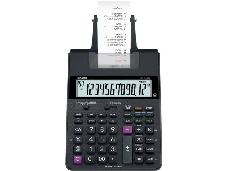 Calcolatrice scrivente CASIO HR-150RCE-WA con batteria e stampa a due colori. Nero - HR-150RCE