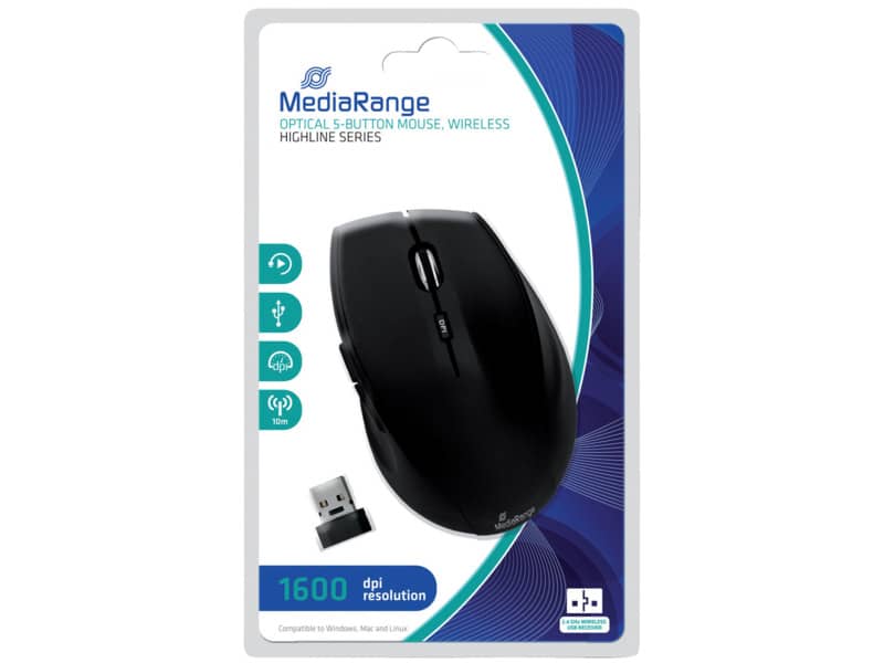 Mouse ottico Media Range 5 pulsanti, serie highline, wireless 1600 dpi nero MROS208