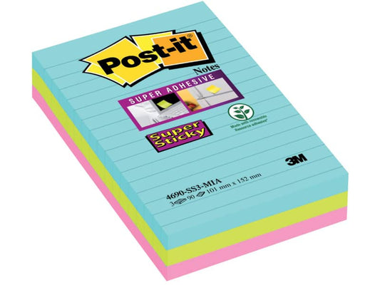 Foglietti Post-it® Super Sticky XXL Miami a righe assortiti conf. 3 blocchetti da 90 ff - 4690-SS3MIA