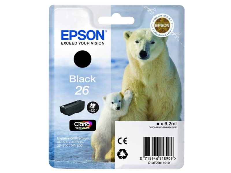 Cartuccia inkjet ink pigmentato Orso polare 26 Epson nero C13T26014012