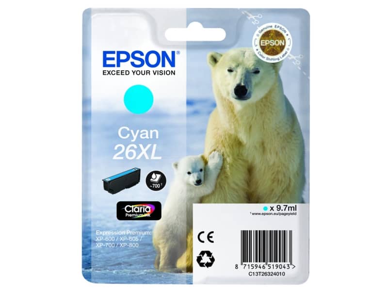 Cartuccia inkjet alta capacità Orso polare 26XL Epson ciano C13T26324012