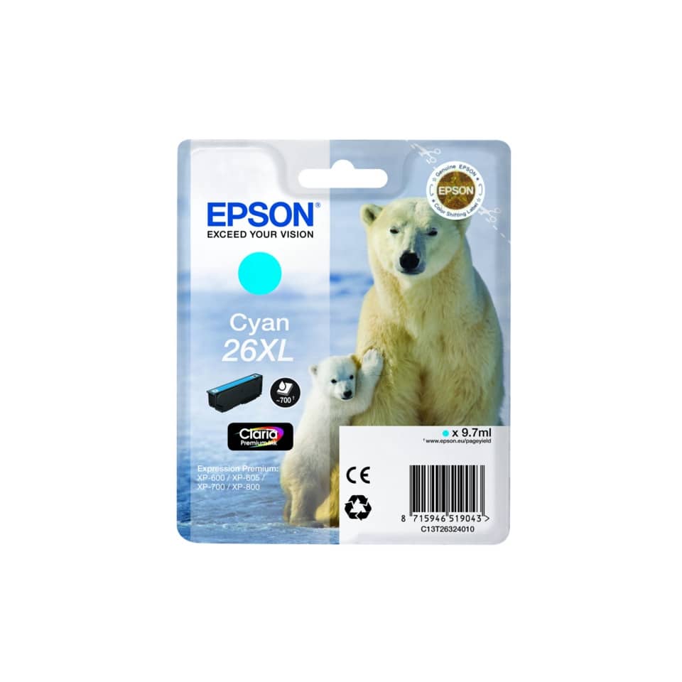 Cartuccia inkjet alta capacità Orso polare 26XL Epson ciano C13T26324012
