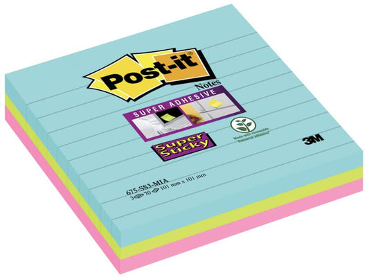 Foglietti riposizionabili Post-it® Super Sticky Miami a righe assortiti conf. 3 blocchetti da 70 ff - 675-3SSMIA