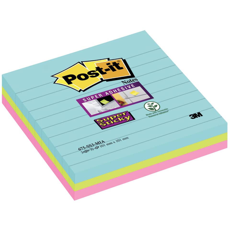 Foglietti riposizionabili Post-it® Super Sticky Miami a righe assortiti conf. 3 blocchetti da 70 ff - 675-3SSMIA