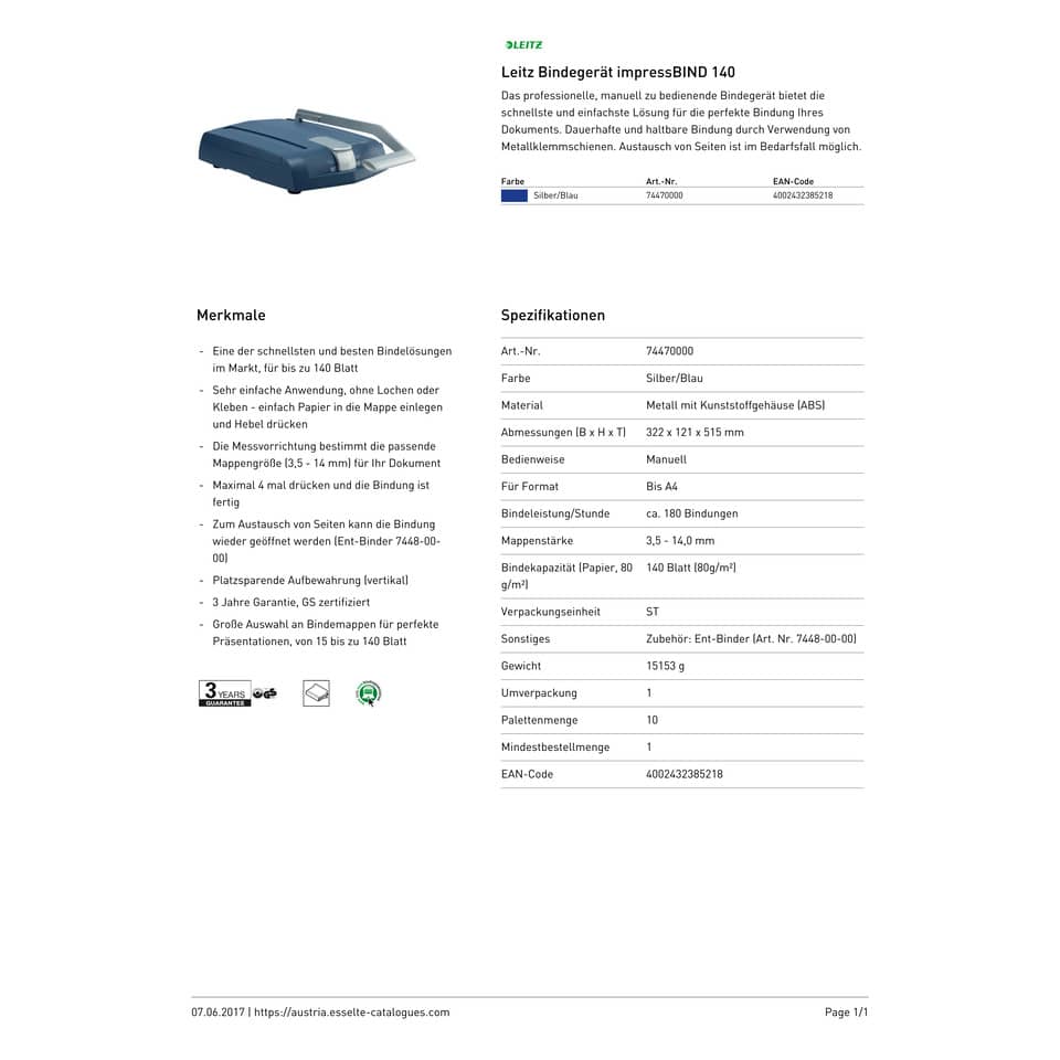 Rilegatrice manuale max 140 fogli Leitz ImpressBind® 140 blu/grigio metallizzato 74470000
