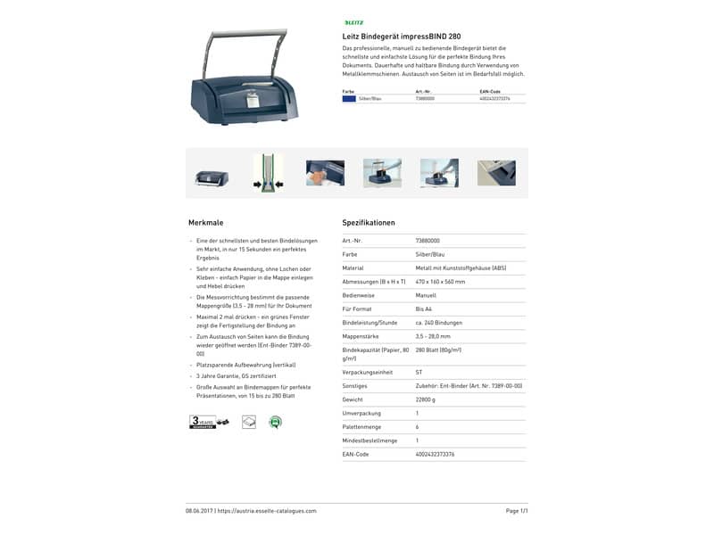 Rilegatrice manuale 280 fogli A4 Leitz ImpressBind® 280 blu/grigio metallizzato 73880000