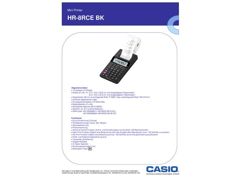 Mini calcolatrice scrivente HR-8RCE-WE con batteria, adattatore AC opzionale bianco - HR-8RCE-WE-W-EC