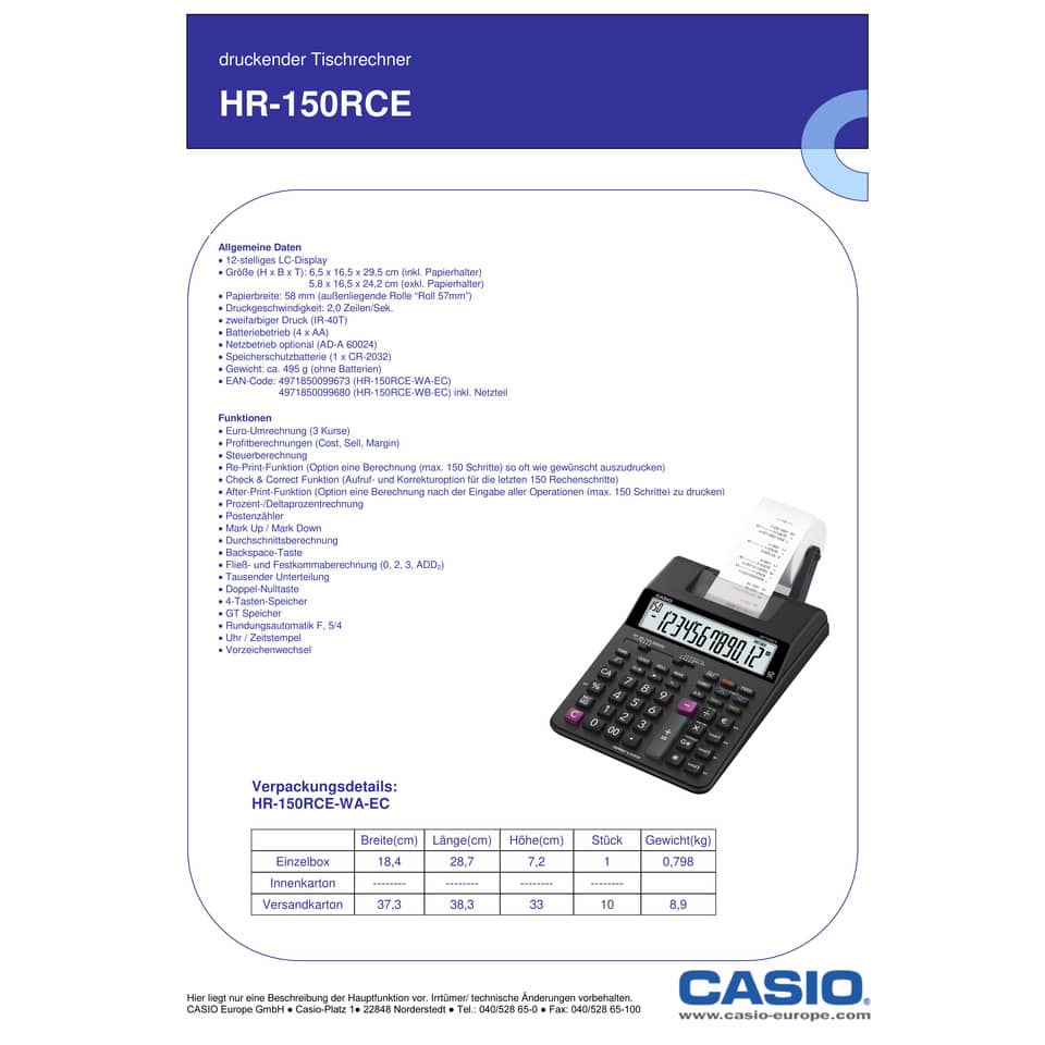 Calcolatrice scrivente CASIO HR-150RCE-WA con batteria e stampa a due colori. Nero - HR-150RCE