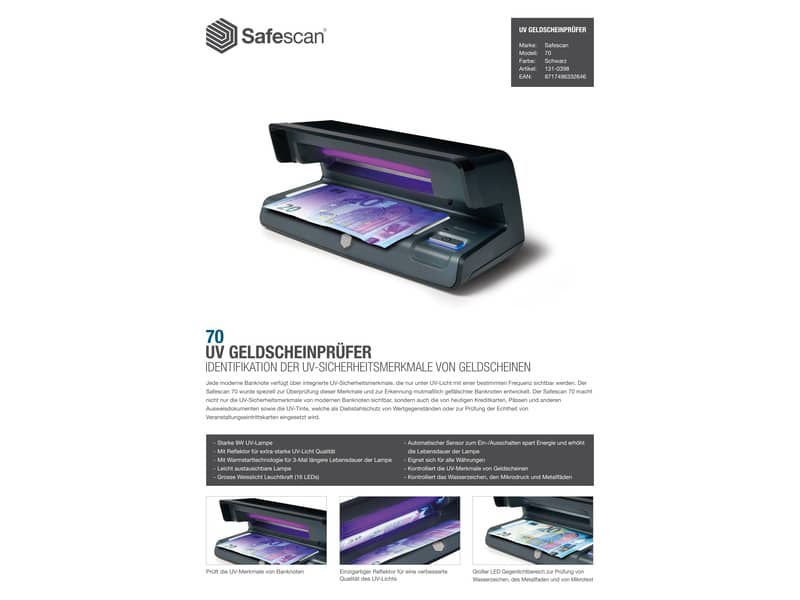 Verificatore banconote false Safescan 70 nero - luce bianca a Led 131-0398