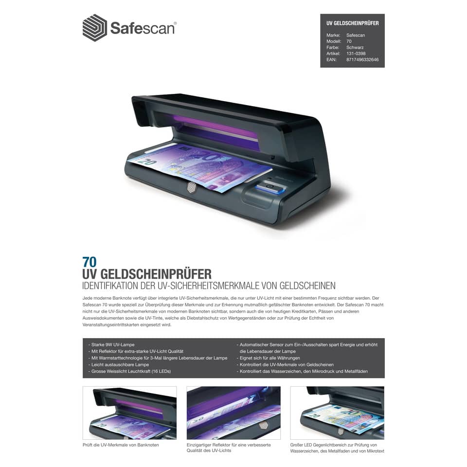 Verificatore banconote false Safescan 70 nero - luce bianca a Led 131-0398