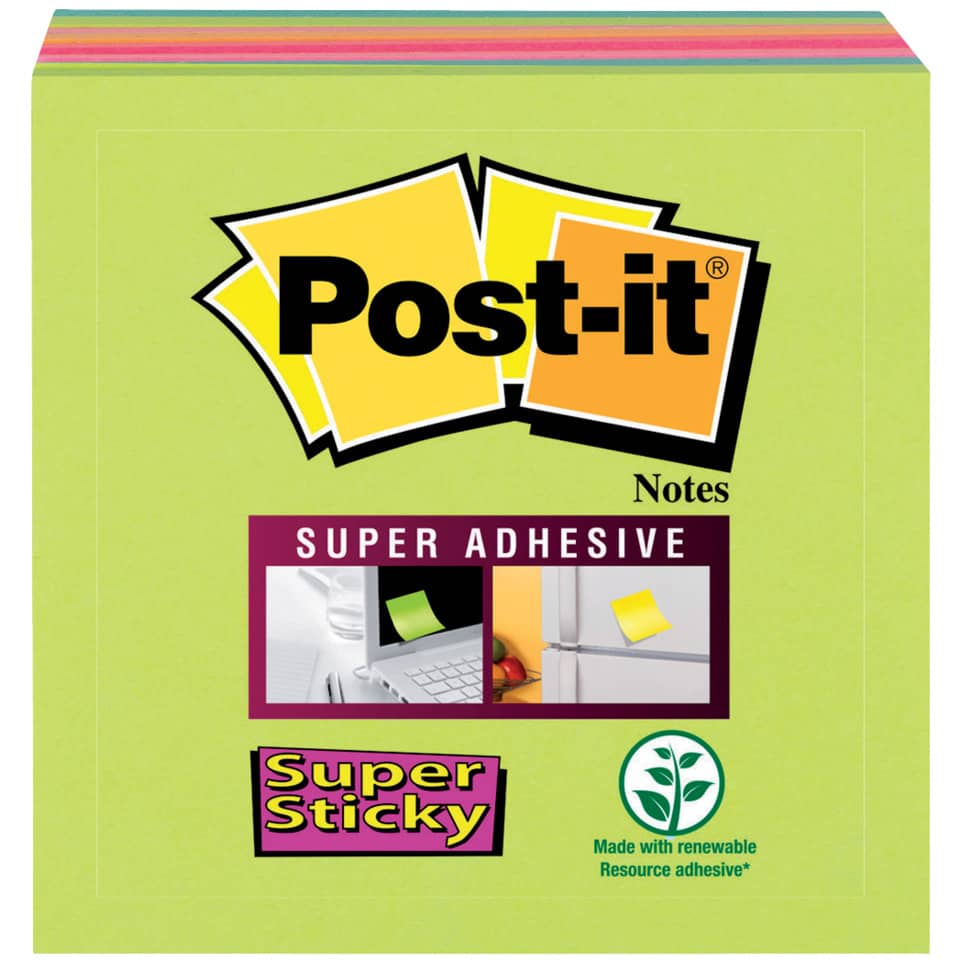 Foglietti Post-it® Super Sticky Notes 76x76 mm assortiti arcobaleno - conf. 8 blocchetti da 45 ff - 654-8SS-RBW-EU