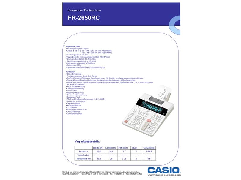 Calcolatrice scrivente Casio FR-2650RC semi-professionale con alimentazione AC bianco - FR-2650RC