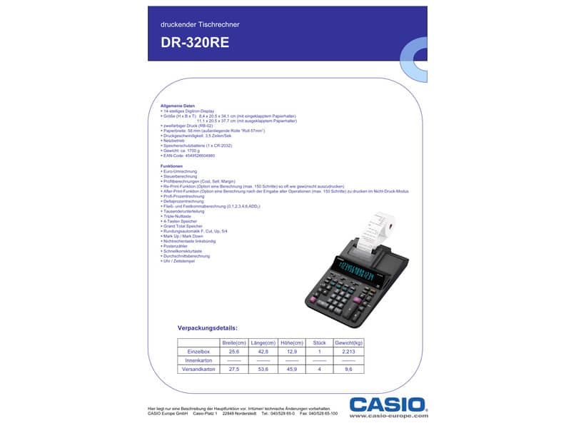 Calcolatrice scrivente Casio DR-320RE per uso professionale con velocità di stampa 3,5 righe/sec. - nero DR-320RE