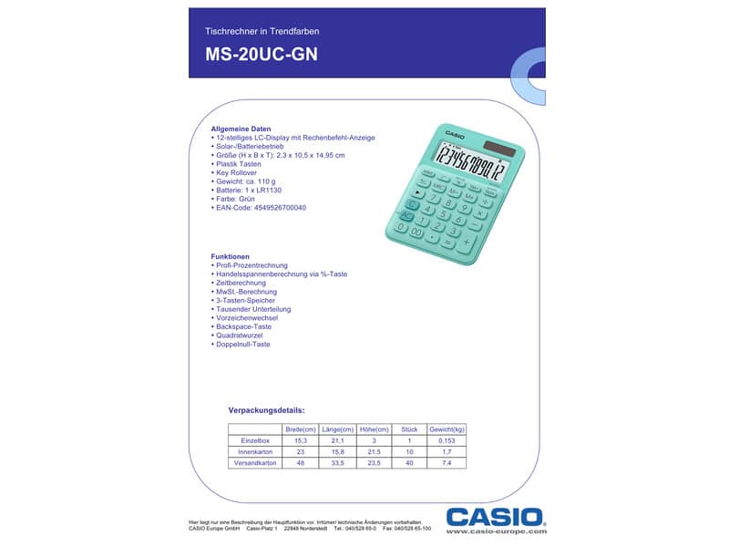 Calcolatrice da tavolo CASIO solare o batteria - 12 cifre - Verde MS-20UC-GN-W-EC