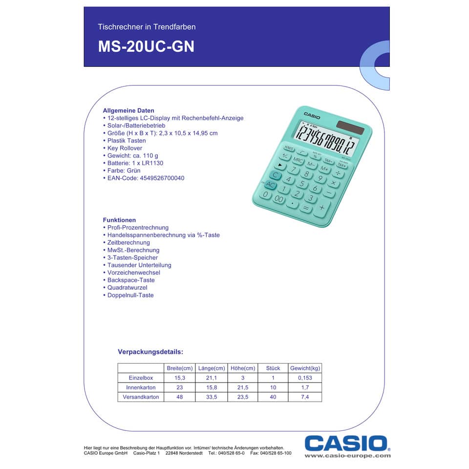 Calcolatrice da tavolo CASIO solare o batteria - 12 cifre - Verde MS-20UC-GN-W-EC