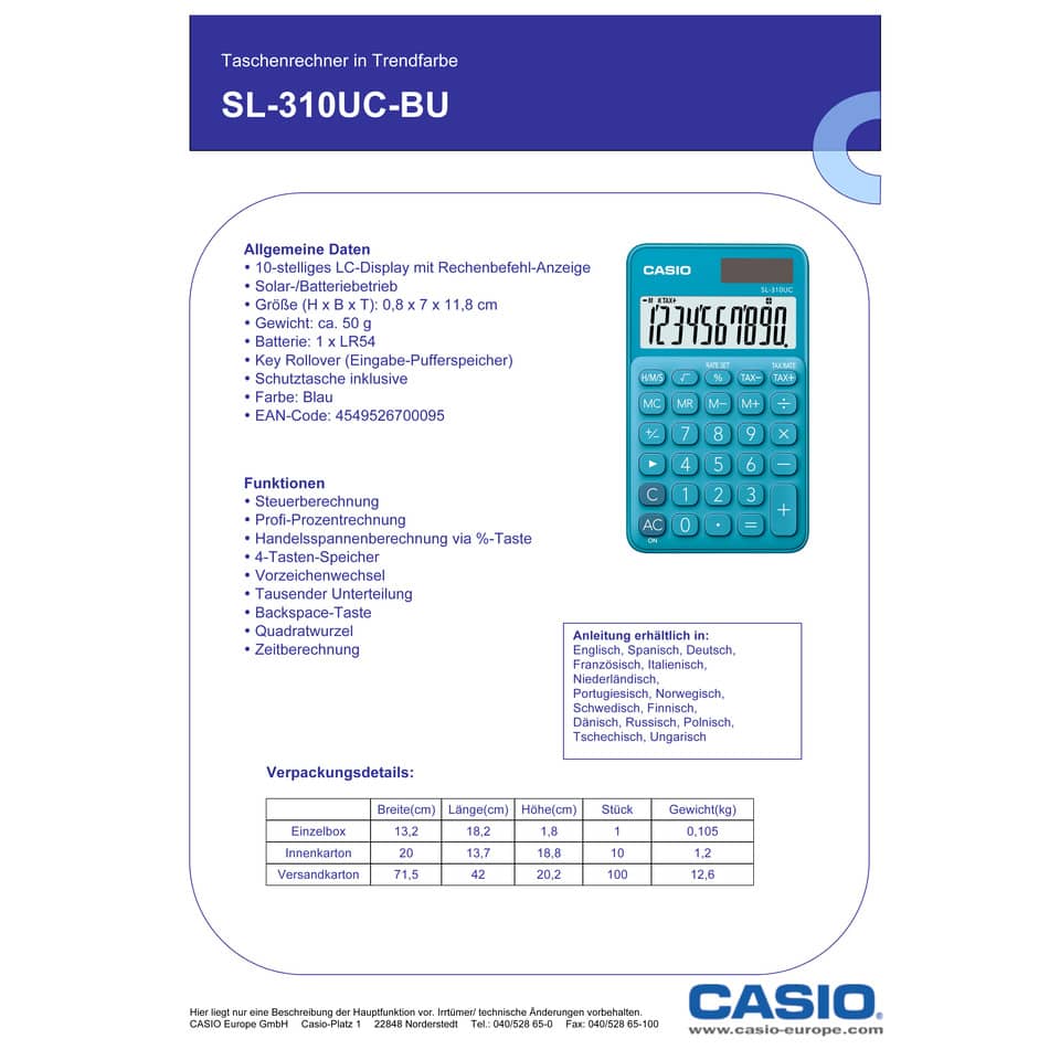 Calcolatrice scientifica CASIO tascabile 10 cifre - solare e batteria Blu - SL-310UC-BU-W-EC