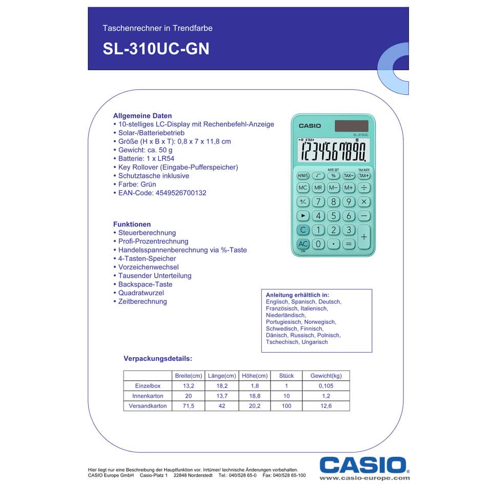 Calcolatrice scientifica CASIO tascabile 10 cifre - solare e batteria Verde - SL-310UC-GN-W-EC