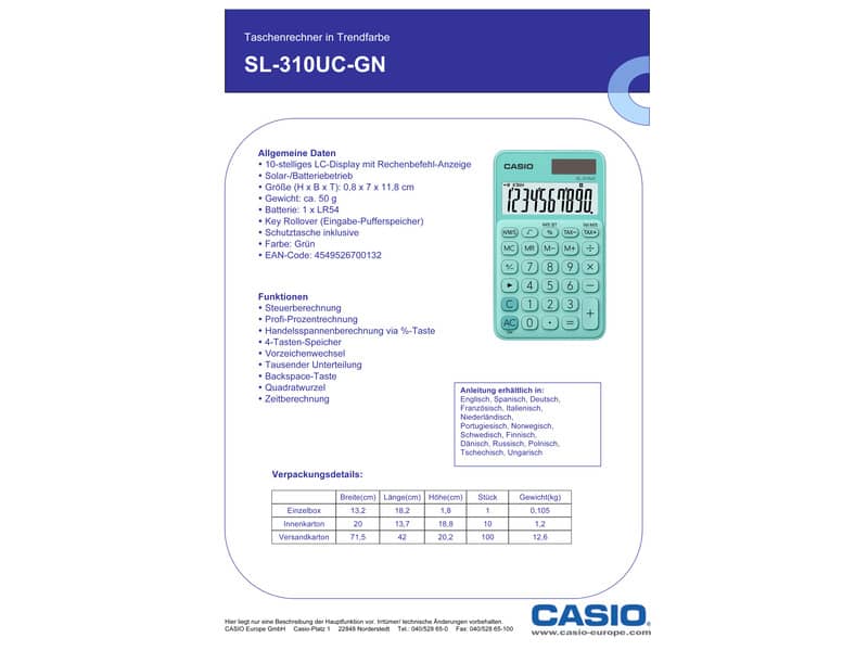 Calcolatrice scientifica CASIO tascabile 10 cifre - solare e batteria Verde - SL-310UC-GN-W-EC