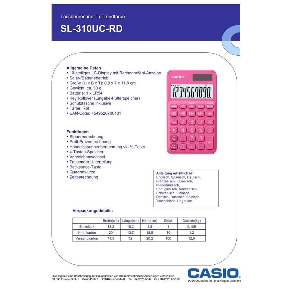 Calcolatrice scientifica CASIO tascabile 10 cifre - solare e batteria Rosso - SL-310UC-RD-W-EC