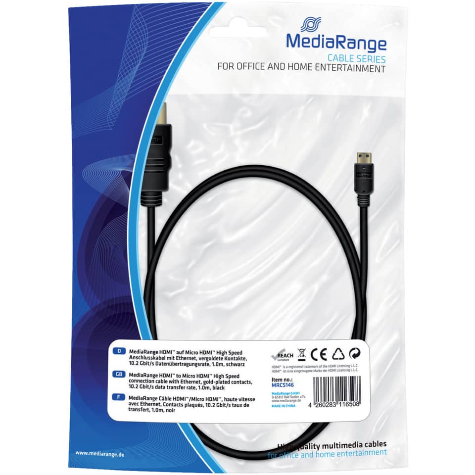 Cavo di collegamento Media Range HDMI/Micro HDMI ad alta velocità con contatti dorati 10,2 Gbit/s 1 mt MRCS146