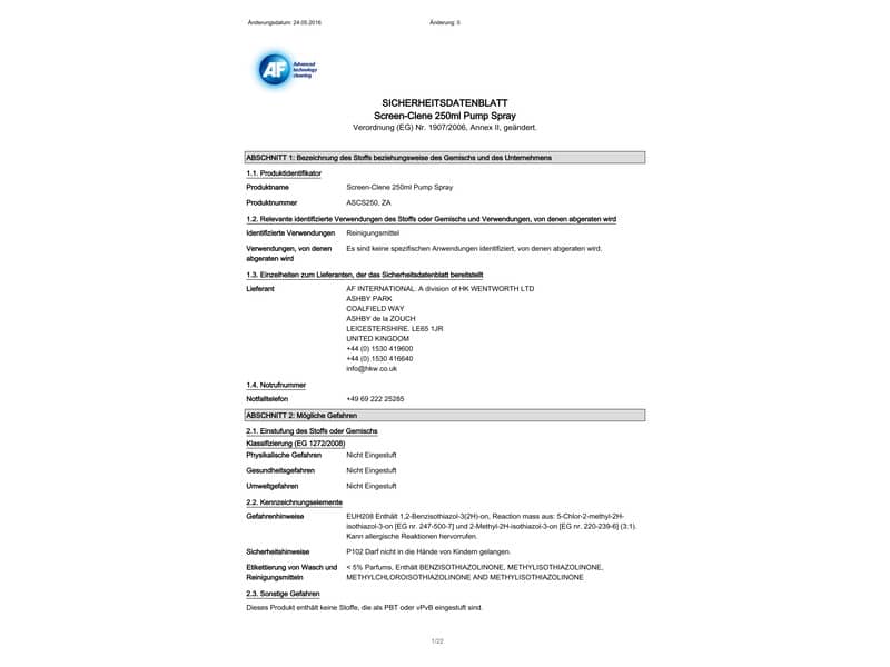 Soluzione detergente per schermi AF International bomboletta da 250 ml Screen-Clene - ASCS250