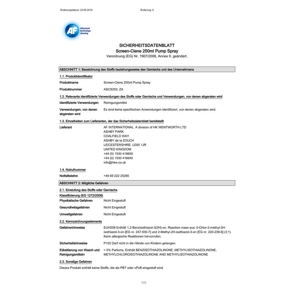 Soluzione detergente per schermi AF International bomboletta da 250 ml Screen-Clene - ASCS250