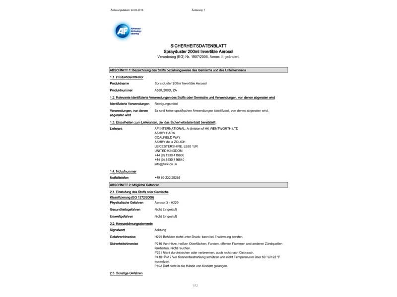 Aria compressa AF International Bomboletta da 200 ml capovolgibile Sprayduster Invertible - ASDU200D