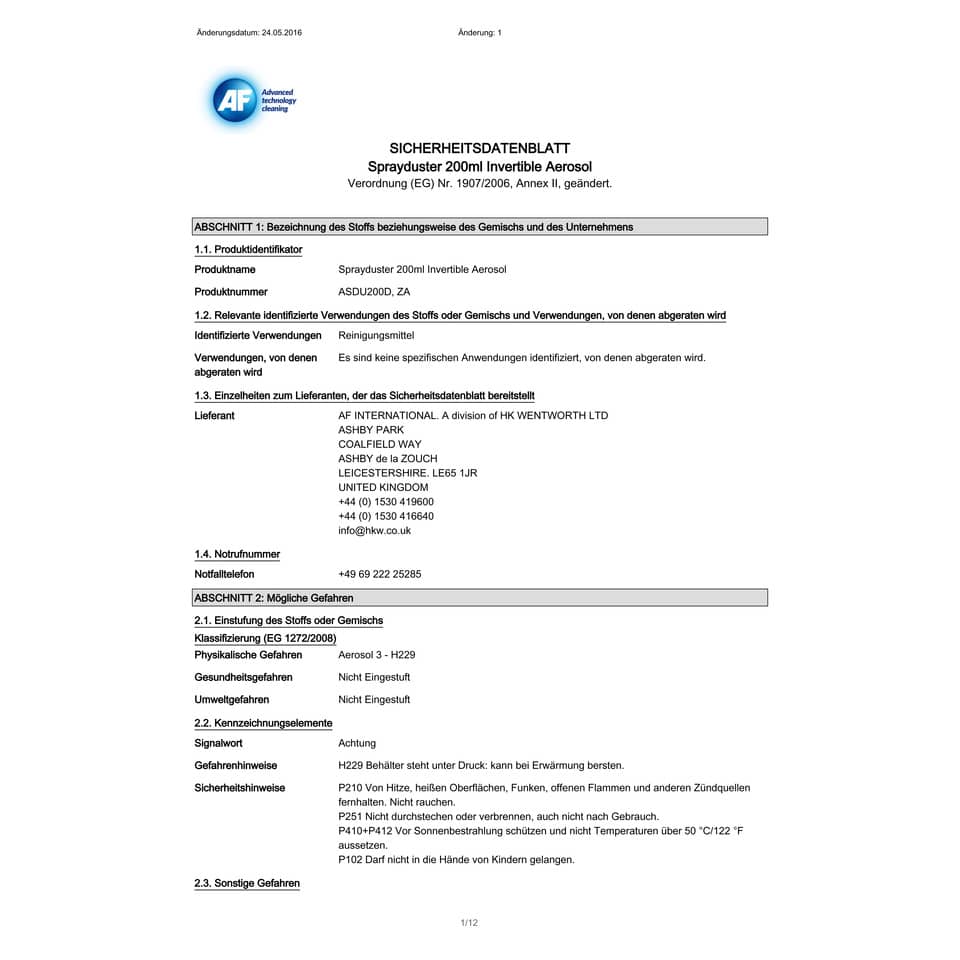 Aria compressa AF International Bomboletta da 200 ml capovolgibile Sprayduster Invertible - ASDU200D