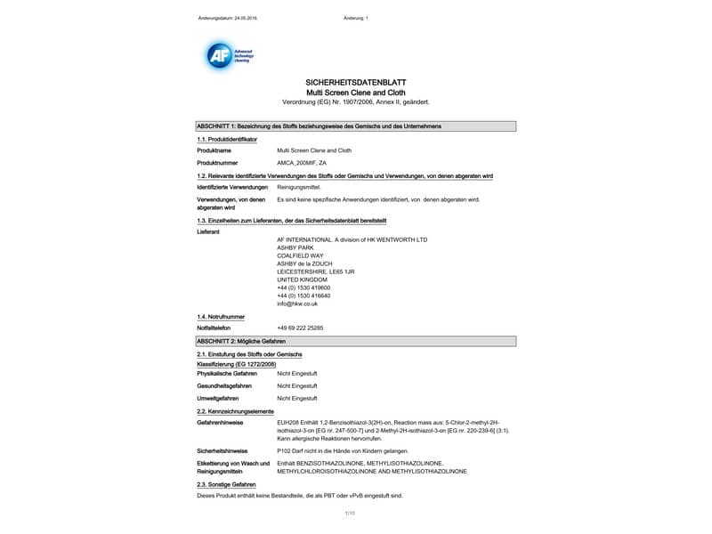 Spray e panno di pulizia AF International bomboletta da 200 ml con panno Multi-Screen-Clene - AMCA_200MIF