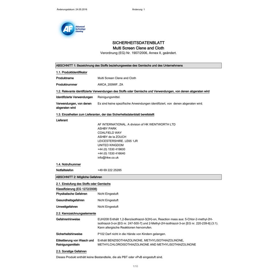 Spray e panno di pulizia AF International bomboletta da 200 ml con panno Multi-Screen-Clene - AMCA_200MIF