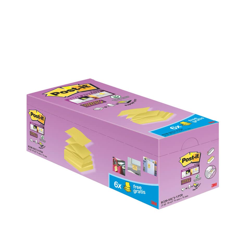 Foglietti Post-it® Super Sticky a Z Giallo Canary™ conf. 16 blocchetti + 4 gratis da 90 ff - R330-SSCYVP20