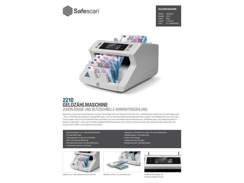 Contabanconote Safescan 2210 fino a 1000 banconote al minuto grigio - 2 controlli anti contraffazioni - 115-0512