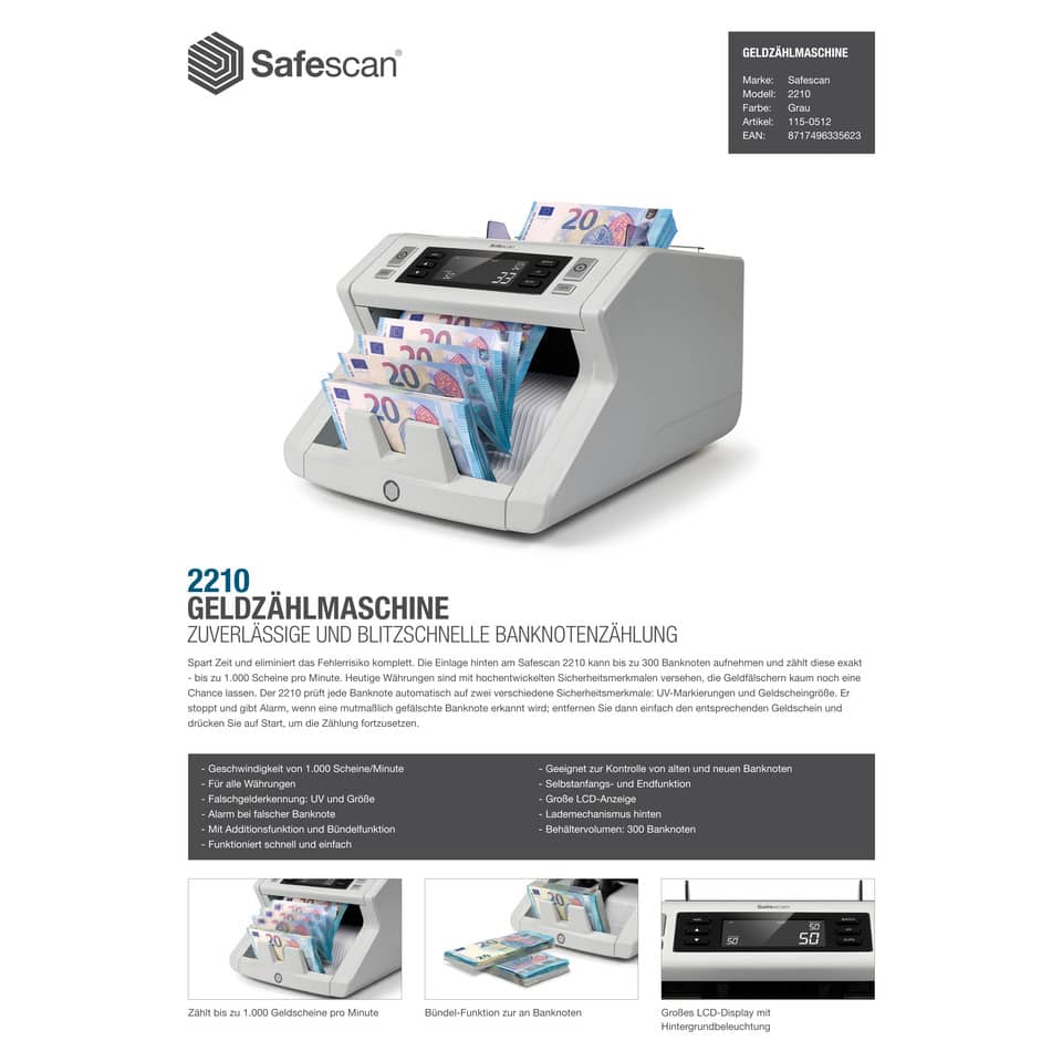 Contabanconote Safescan 2210 fino a 1000 banconote al minuto grigio - 2 controlli anti contraffazioni - 115-0512