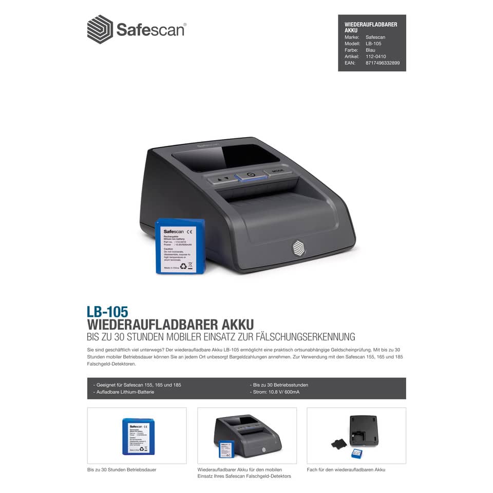 Batteria al litio ricaricabile  LB-105 per rilevatore banconote Safescan 155-S nero - 112-0410