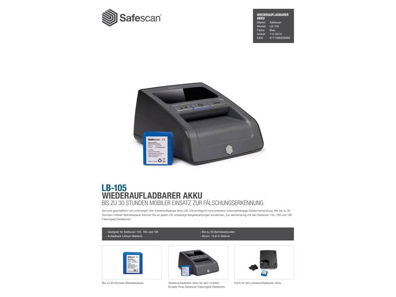 Batteria al litio ricaricabile  LB-105 per rilevatore banconote Safescan 155-S nero - 112-0410