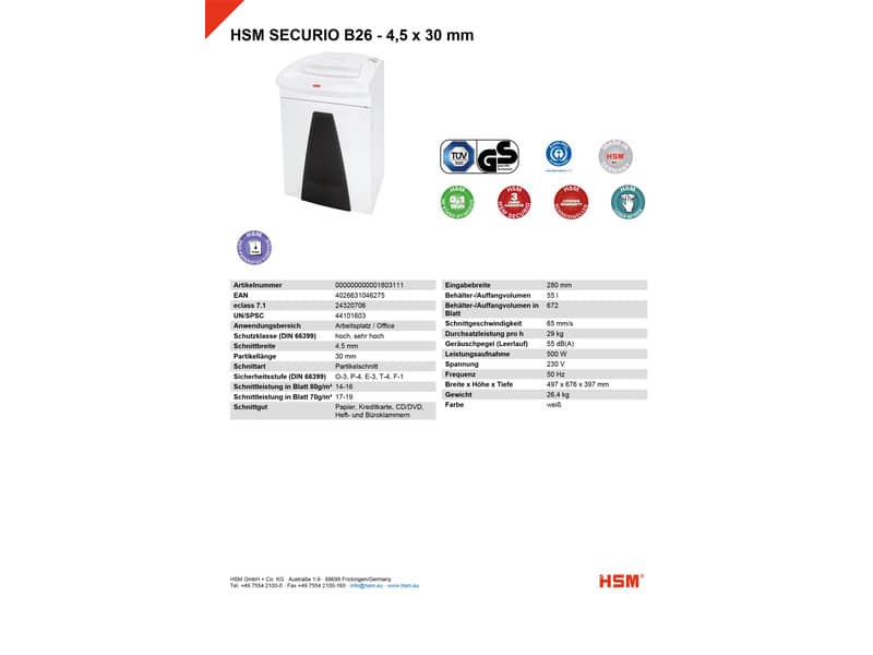 Distruggidocumenti uso frequente alti volumi HSM SECURIO B26 P-4 55 L taglio a frammenti 4,5x30 mm bianco - 1803111