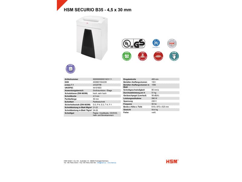 Distruggidocumenti uso moderato HSM SECURIO B35 - P-4 - 130 L - taglio a frammenti 4,5x30 mm - bianco - 1923111