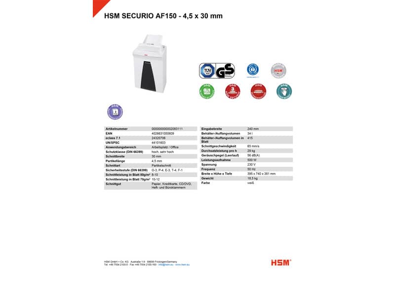 Distruggidocumenti uso frequente HSM SECURIO AF150 P-4 35 L - taglio a frammenti 4,5x30 mm - bianco - 2083111