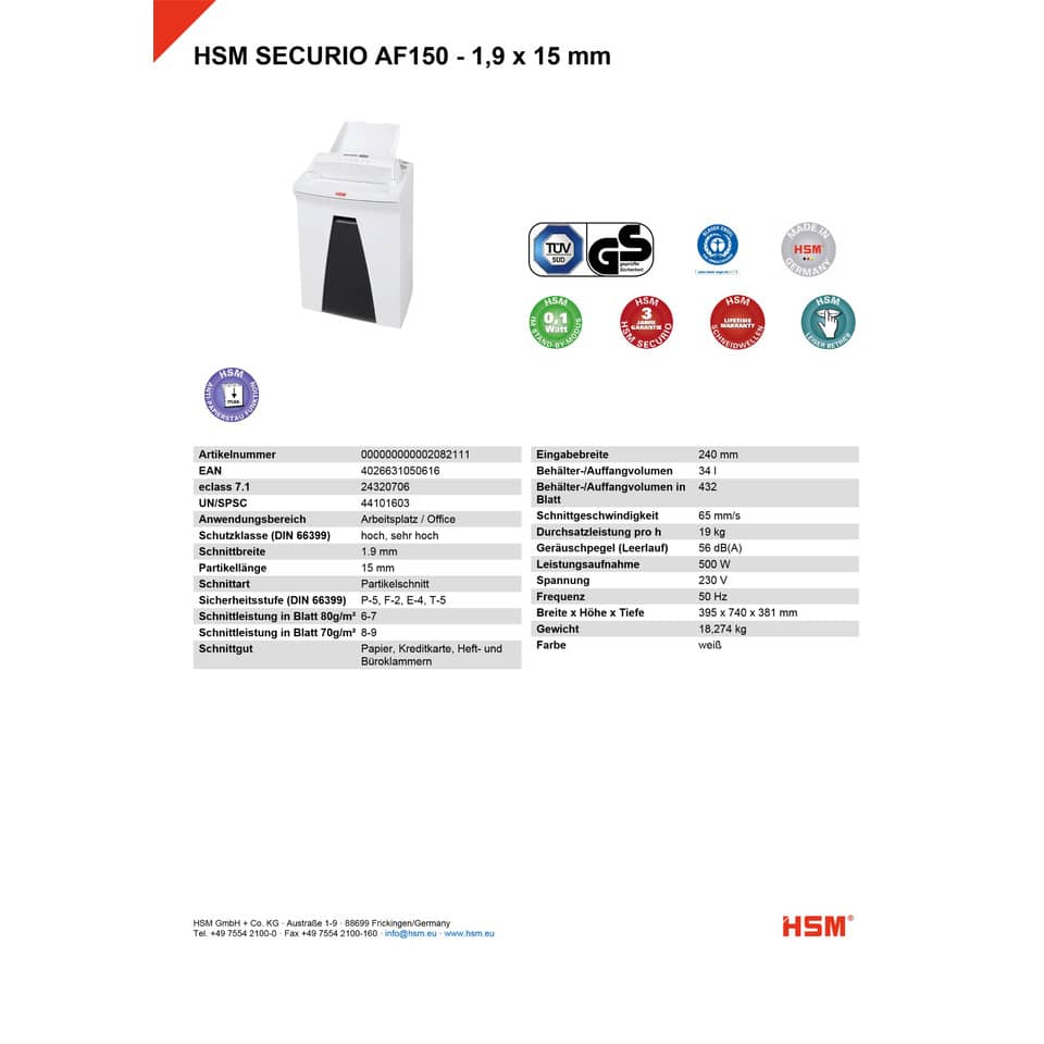 Distruggidocumenti uso frequente HSM SECURIO AF150 P-5 35 L - taglio a microframmenti 1,9x15 mm bianco 2082111