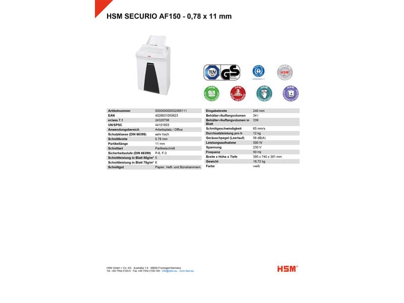 Distruggidocumenti uso frequente HSM SECURIO AF150 P-6 34 L - taglio a microframmenti 0,78x11 mm bianco 2085111