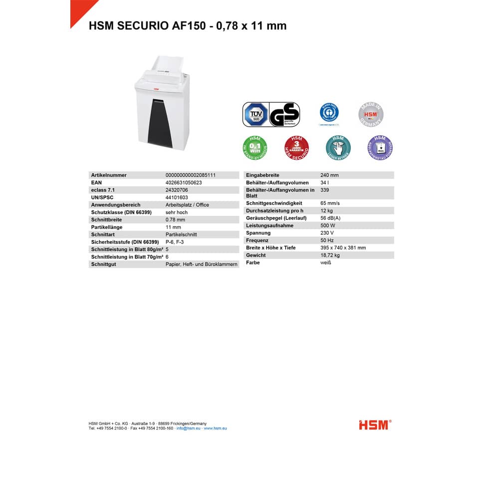 Distruggidocumenti uso frequente HSM SECURIO AF150 P-6 34 L - taglio a microframmenti 0,78x11 mm bianco 2085111