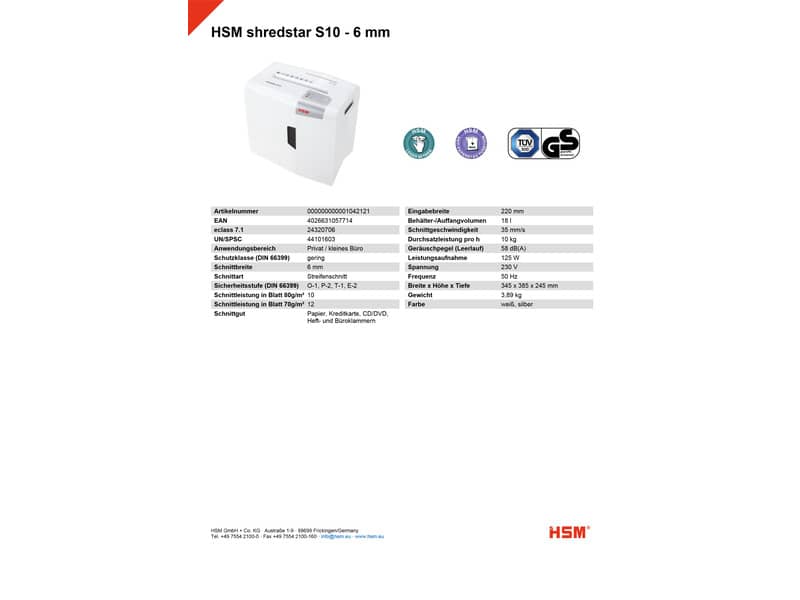 Distruggidocumenti uso moderato HSM Shredstar S10 - P-2 - 18 L - taglio a strisce 6 mm - bianco/argento - 1042121