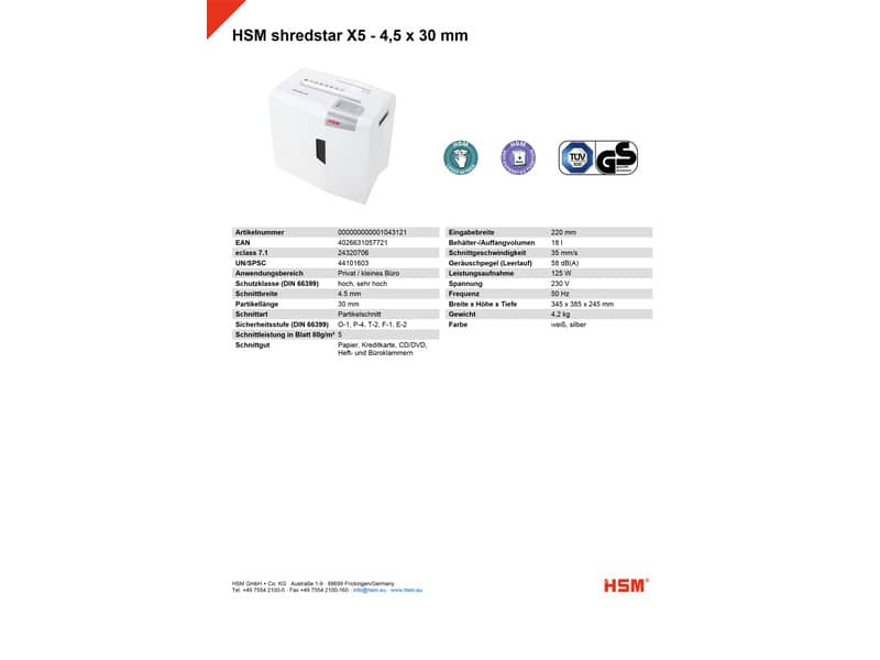 Distruggidocumenti uso moderato HSM Shredstar X5 - P-4 - 18 L - taglio a frammenti 4,5x30 mm - 1043121