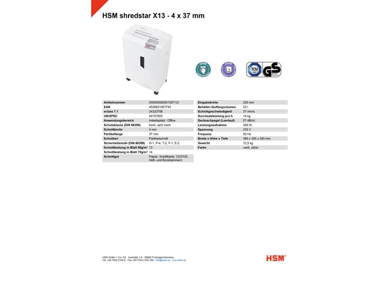 Distruggidocumenti uso moderato HSM SHREDSTAR X13 - P-4 - 23 L - taglio a frammenti 4x37 mm bianco/argento 1057121