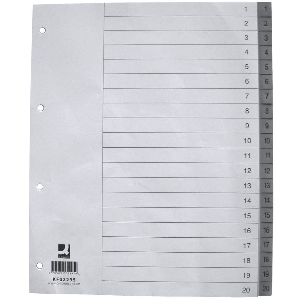 Divisore numerico Q-Connect grigio XL 24,5x29,7 cm ppl 1-20 KF02295