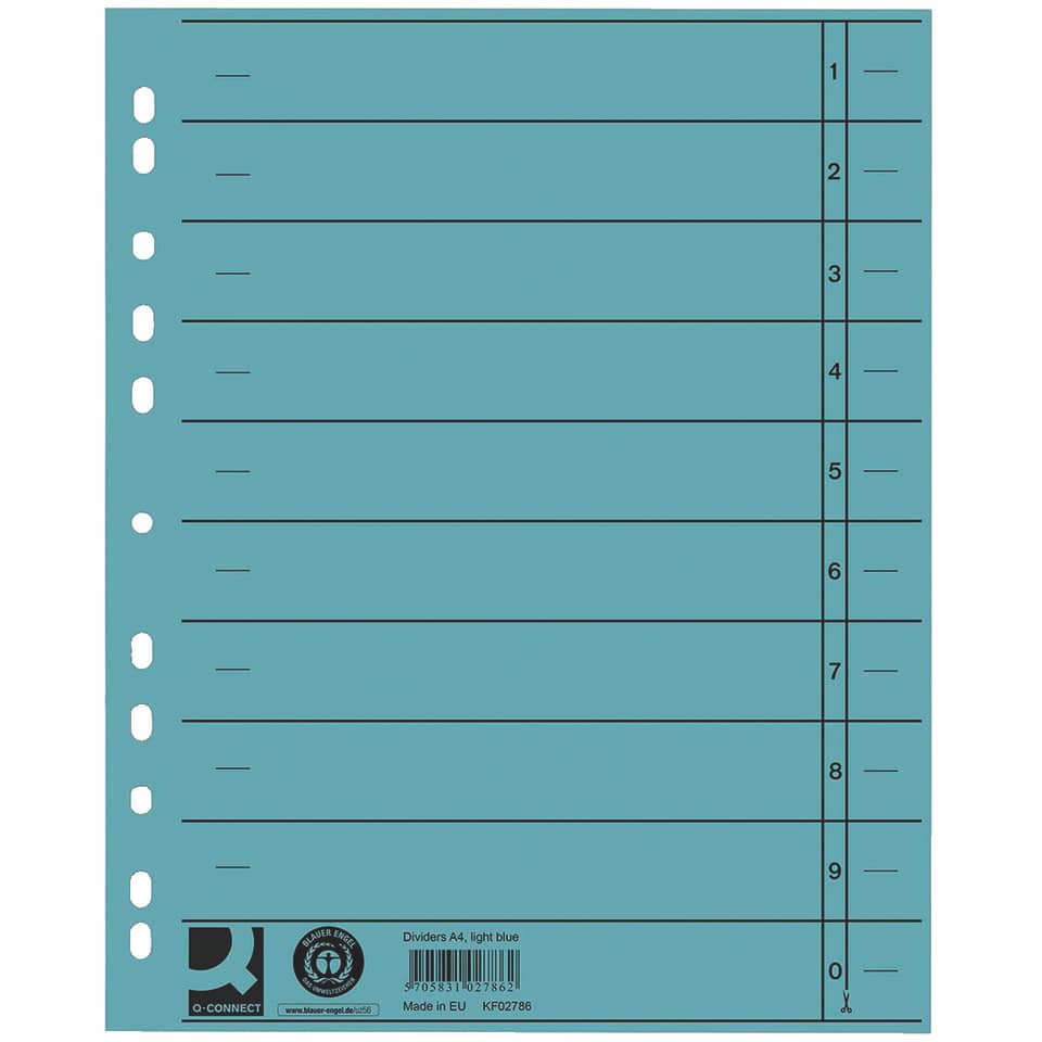 Separatore per archivio con perforazione universale Q-Connect 24x30 cm 230 g/m² blu  conf. da 100 - KF02786