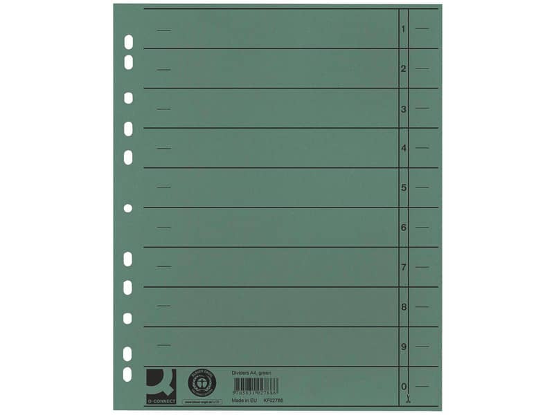 Separatore per archivio con perforazione universale Q-Connect 24x30 cm 230 g/m² verde  conf. da 100 - KF02788